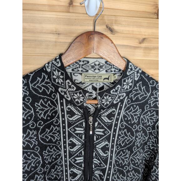 Peruvian Link Sweater Womens Large Black White Patterned Zip Front Cardigan - Picture 2 of 11